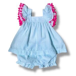 Classic Whimsy Dress Set Girls 24M Blue White Seersucker Pom Pom Bloomer Summer